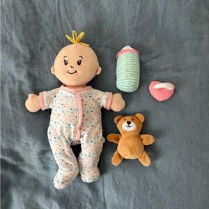 Manhattan toys baby Stella soft doll with magnetic pacifier and bottle, teddy